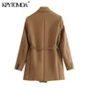 Frauen Mode mit Gebunden Wrap Blazer Mantel Vintage Langarm Taschen Weibliche Oberbekleidung Chic Tops 210416