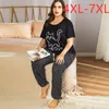 Nieuwe 2021 Zomer Plus Size Pyjama voor Dames Cartoon Zwart T-shirt en Lange Broek Thuis dragen Twee stukjes 4XL 5XL 6XL 7XL X0428