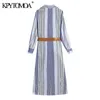Vrouwen chique mode met riem gestreepte midi shirt jurk vintage lange mouw zijopeningen vrouwelijke jurken vestidos mujer 210416