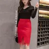 Faldas de primavera y otoño para mujer, estilo coreano, Color puro, costura de encaje, cintura alta dividida, ajustada, elástica, para mujer GX561 210507