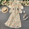 Singreiny Mulheres Chiffon Floral Vestido Longo Outono Francês Retro Spruff Sleeve V Pescoço A-Linha Vestido Chic Hollow Lace Boho Vestido de Impressão 210419