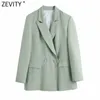 Zeefity Damesmode Kleed Kraag Groen Montage Blazer Coat Office Dames Lange Mouwen Zakken Vrouwelijke Bovenkleding Chic Tops CT680 210603