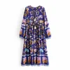 Bohemia Lacing up V neck Location Floral print Dress Ethnic Woman Long Sleeve Tassel Strappy Dresses Holiday 3 Color 210429