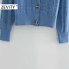 Zevity mujeres vintage cuello pico textura patrón casual tejer suéter chic femme manga larga breasted cardigan retro tops S405 210603