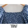 Kvinnor Mode med Ruffled Print Beskuren Blusar Vintage Square Collar Kortärmad Kvinnor Chic Toppar 210507