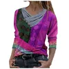 Mulheres Tie-Dye Impresso t - shirts Bordado V Neck Manga Longa Pullover Vintage Geométrico Camiseta Moda Ladies Top Roupas T-shirt das Mulheres