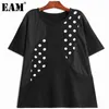 [EAM] Women Black Big Size Contrast Color Spliced Dots T-shirt Round Neck Short Sleeve Fashion Spring Summer 1DD8242 21512