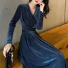 Kobiety Elegancka Navy Blue Black V Neck Aksamitna Długie Rękaw Długość Długość Dress Wrap Sash D1502 210514