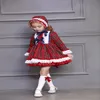 3 stks Babymeisje Herfst Winter Rode Plaid Vintage Spaanse Pompom Ball Princess Lolita Jurk met hoedenbroek voor kerstverjaardag Q0716