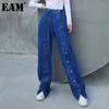 [Eam] Hög midja brett benblå lång slitsknapp jeans lös passform Kvinnor Byxor Mode vår höst 1dd6370 21512