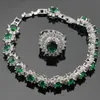 Flower Women Silver Color Jewelry Sets Green Stones CZ White CZ Necklace Pendant Bracelets Earrings Rings Free Gift Box H1022