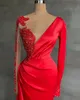 Alternative Red Mermaid Evening Dresses Full Sleeves Long Shiny Crystal Beaded Formal prom Party Dress Split Gowns robes