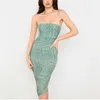 Asien Mesh Midi Dress Kvinnor Strapless Slim Fit Bodycon Ruched Party Dresses Sommar Chic Geometrisk Print Sexig Klänning 210730