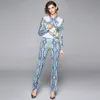 arrive Spring Fashion Designer Runway Suit Set Women's Long Sleeve Vintage Print Bowknot Tops + Pants Two Piece Set 210514