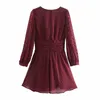 Mini robe en maille à pois rouges pour femmes, Vintage, semi-transparente, manches longues bouffantes, Tulle, ceinture nouée, élégante, es 210519