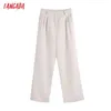 Tangada Fashion Women Elegant Beige Suit Pants Trousers Pockets Buttons Office Lady Pants Pantalon BE707 210609