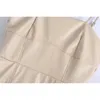 Elegante vrouwen faux lederen jurk mode dames beige es streetwear vrouwelijke zoete riem lange meisjes chic vestidos 210427