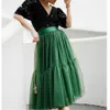 Elegant Tulle Pleated Skirt Summer Autumn Winter Big Swing Women Skirt Korean Female Cute Green Blue Purple Long Skirt Tutu 210619