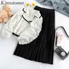 Kimutomo Hong Kong Mode Kvinnor Set Långärmad Mesh Stitching Stickade Toppar Hög midja Vild Svart Solid Skirt Två Piece Suit 210521