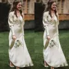 2022 Vintage Brautkleider A-Linie Brautkleider Satin Lange Ärmel V-Ausschnitt Knöchellänge Maßgeschneidert Plus Size Boho Garden Country Wedding Vestidos