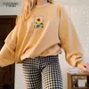 Frauen Sweatshirt Mit Blumen Druck Oansatz Herbst Winter Weibliche Casual Nette Gelbe Kleidung Frau Hoodies Lose Pullover 211023