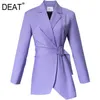 Deat Woman Blazer Coat Lila Solid Bälte Asymmetri Inklädad Krage Långärmad Slim Elegant Casual Style Höst 15xf488 210930