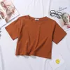 Sommar Kortärmad T-shirts Kvinnor Bomull Solid -Shirt O Neck High Waist Crop Op Ee Kvinna Casual Loose Shirt 210607