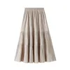 Preppy Style Kvinnor Kjolar Vinter i Golden Velvet Patchwork Ruffles Ruched Elastic Waist Ett linne Drape Long 210621