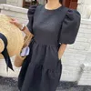 Moda Kobiety Jacquard Solidna Letnia Sukienka Damska Koreański Styl Puff Sleeve Party Sukienki Vestidos 210520