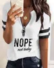 Summer Women Colorblock Zipper Front T- Shirt Femme Casual Short Sleeve Top Outfits Lady Sport Wear New Letter Print Tee 210415