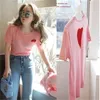 Slim Sexy Women tees Shirt Summer Embroidered strawberry cute Pink o neck Short Sleeve T shirts Ladies T-shirt 210423