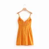Vrouwen Vintage Solid Color Knoopt Linnen Sling Mini Dress Elegante Vestidos Casual Slanke Spaghetti Strap Knoppen Jurken DS864 210420
