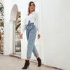 Automne Nouveau taille haute Jeans Femmes Casual Denim Bow Noeud Pantalon Ceinture Sangle Rétro Jeans Dames Pantalon Lâche Pantalon 210419