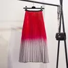 Qooth Summer Gradient Color Skirt Elastic Waist Striped Pleated Skirts Rainbow女性カジュアルミッドカーフQH1794 210518