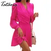 Vår Sexig V-Neck Lantern Sleeve Mini Dress Ladies Casual Elegant Kvinna Aline Sash Chic Mysig Hög Midja ES 210514