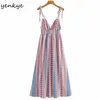 Sexy Sling Summer Beach Dress Women V Neck Elastic High Waist Casual Holiday Vintage Geometric Print Long Robe 210430