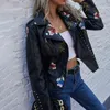 Yizzhoy Spring Autumn Floral Print Broderi Faux Läderjacka Kvinnor High Street Motorcykel Black Punk Ytterkläder Biker Jacket 211130