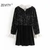 Zevity High Street Kobiety Sweet Ruffles Peter Pan Collar Patchwork Cekiny Mini Dress Kobieta Czarny Aksamit Dorywczo Vestidos DS4583 210603