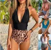 Kvinna Sexig Badkläder One-Pieces Backless Patchwork Plisserad Kvinnors Bikini Leopard Skriv ut Mönster Baddräkt Sommarstrand Kläder WMQ852