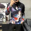 Automne Jeu Anime Imprimer Hommes T-shirt Demi-Col Roulé Streetwear Casual Tees Hip-Hop Manches Longues Slim Fit Vêtements 3XL 210527