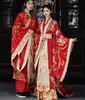 Abbigliamento etnico di alta qualità Matrimonio antico cinese Hanfu Sposa Coda lunga Coppia Costume Sposo Abito Indumento Standard Dinastia Tang Ming Cina Abito rosso festivo