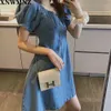 zomer vrouwen vintage blauwe rits denim jurk bladerdeeg mouw backless hoge taille a-lijn vrouwtjes mini jurken vestidos za robe 210510