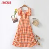 Tangada Summer Women Orange Plaid Print Backless Long Dress Puff Short Sleeve Ladies Sundress 4T11 210609