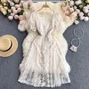 Women Fashion Court Square Neck Short Sleeve Yarn Stitching Bead Embroidery Lace A-line Dress Elegant Vintage Vestidos 210515