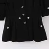 Femmes Mode Faux Perle Appliques Corduroy Tops Femme V Cou Puff Manches Vintage Blouse Noire LJPZ9194 210514