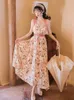Été col en v licou Floral robe d'été femmes sans manches sur l'épaule fleur imprimé vacances en mousseline de soie longue robe 210416