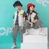 Kids Fashion Striped Hip Hop Clothing Running T Shirt Top Casual Harem Pants Waistcoat For Girls Boys Jazz Dance Costume Clothes Stage Wear