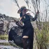 Gotik Siyah Örgü Dantel Elbise Halter Uzun Kollu Oymak Zarif Vintage Lolita Seks Parti Elbiseler 210608