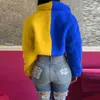 Yellow Blue Color Block Spliced Crop Jacket Casual Turn Down Collar Long Sleeve Coat Fall Winter Button Pocket Outwears 211014