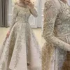 2022 Aso Ebi Arabic Muslim Crystal Beaded Lace Prom Dresses Champagne Long Sleeves Ball Gown Evening Dress Vintage Formal Party Second Reception Gowns